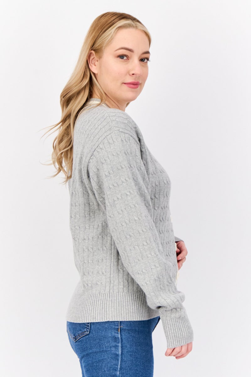 ESPRIT Women V Neck Knitted Cardigan, Grey  - Image 2