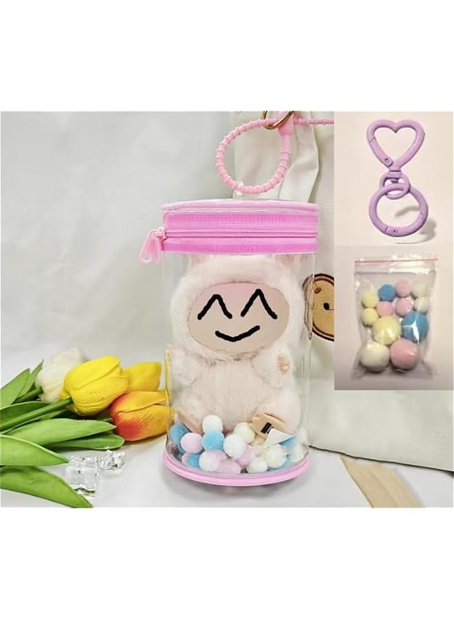 Arabest Round Can Pink Clear Protective Case Cover with Keychain,Colorful Bubble for 17cm Accessories PVC Transparent Display Protect Bag/Box for Standing/Sitting figure (Not Include Doll)  - Image 1