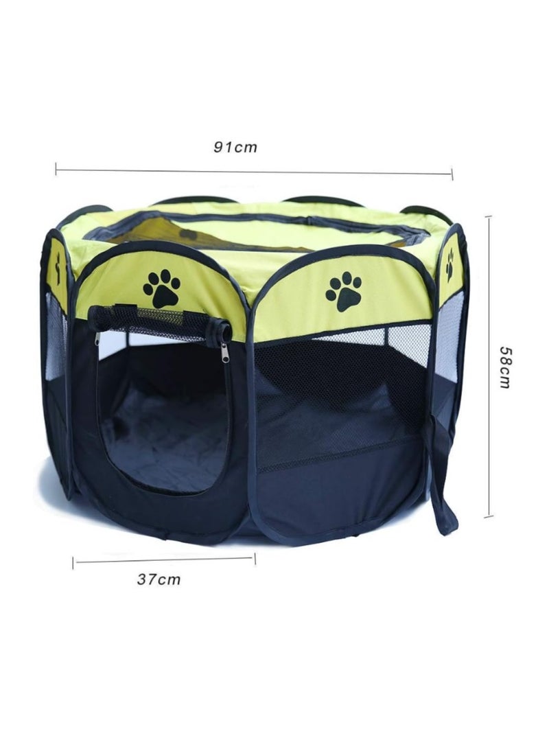 أوتاد خيمة لعب وتدريب محمولة للحيوانات الأليفة، قفص لعب للكلاب الصغيرة للأماكن الداخلية والخارجية، بيت للكلاب والجراء والقطط للاستخدام في السفر والتخييم مع جزء علوي بسحاب قابل للإزالة , اصفر مقاس Small - Image 4