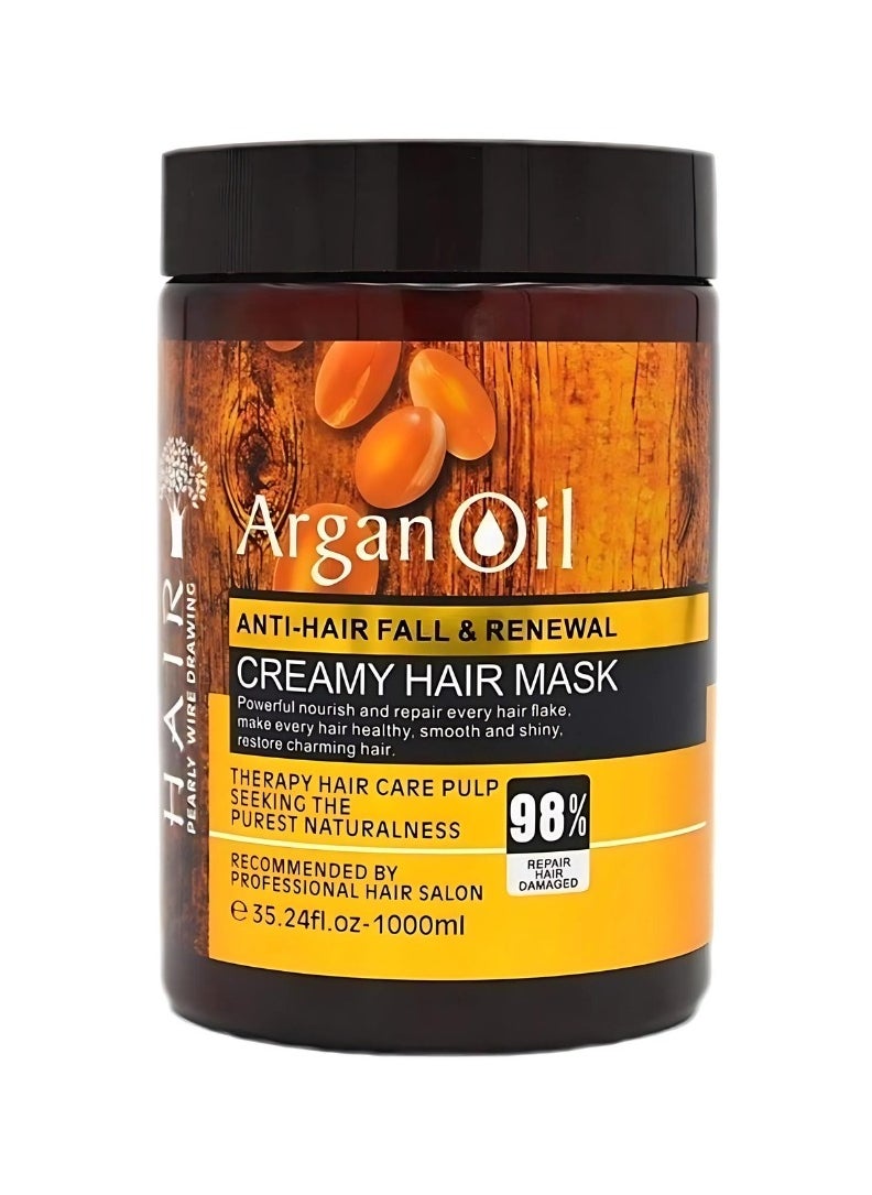 HAIR Pearly Wire Drawing - 1000ml Argan Oil Creamy Hair Mask Nourish Repair Smooth and Shiny Hair Repair Damaged Hair Follicles and Restore Healthy Hair Anti Hair Fall & Renewal Creamy Argan Oil Hair Cream - Image 1