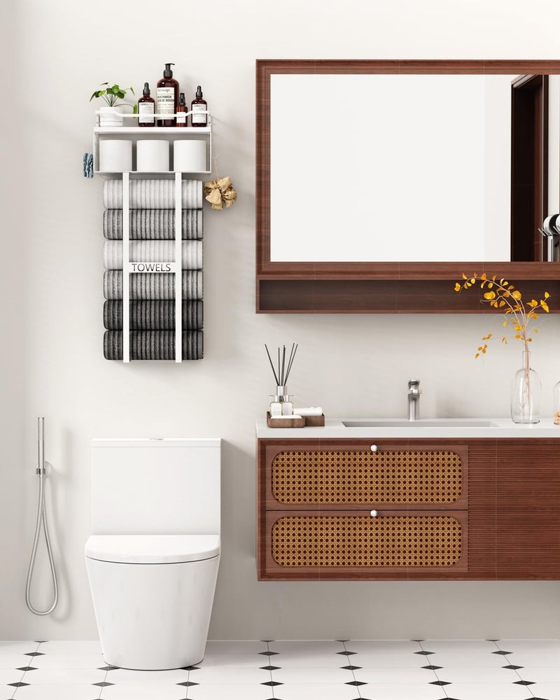 Aetyord Towel Racks for Bathroom 31inch Wall Mounted Towel Rack,Floating Shelf with Wood Plank,Towel Storage for Bathroom Can Holds 6 Large Rolled Towels,All White - Image 5