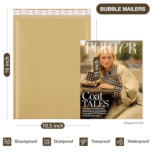 UCGOU Natural Kraft Bubble Mailers 10.5x16 Inch 25 Pack Usable Size 10.5x15 Brown Padded Envelopes #5 Large Packages Self Sealing Tear Resistant Boutique Bulk Shipping Bag for Clothes Book and More - Image 2