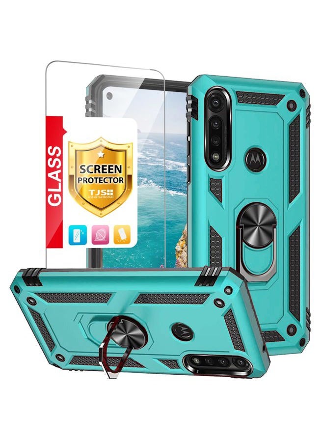 TJ's Phone Case Compatible with Motorola Moto G Power (2020), with [Tempered Glass Screen Protector] Impact Resistant Metal Ring Magnetic Support Heavy Duty Protector Cover (Teal) - Image 1