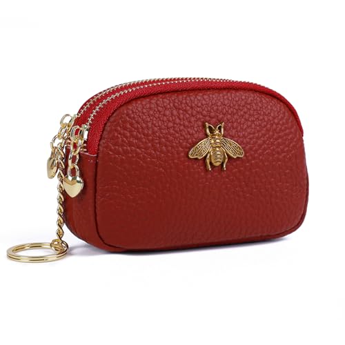 imeetu Women Leather Coin Purse, Small 2 Zippered Change Pouch Wallet(Copper Bee, Red) - Image 1