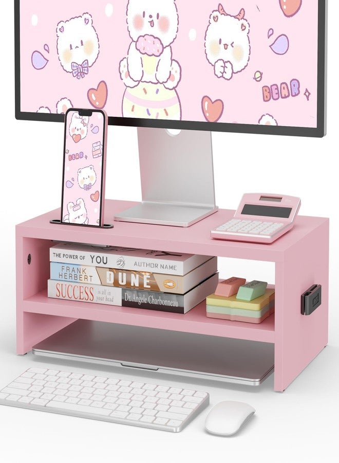 BONTEC Wooden Monitor Stand Riser, 2-Tier Desk Shelf with Storage Organizer, Ergonomic Computer Stand with Cable Management, Cellphone Holder, Pink, 16.5 Inch - Image 1