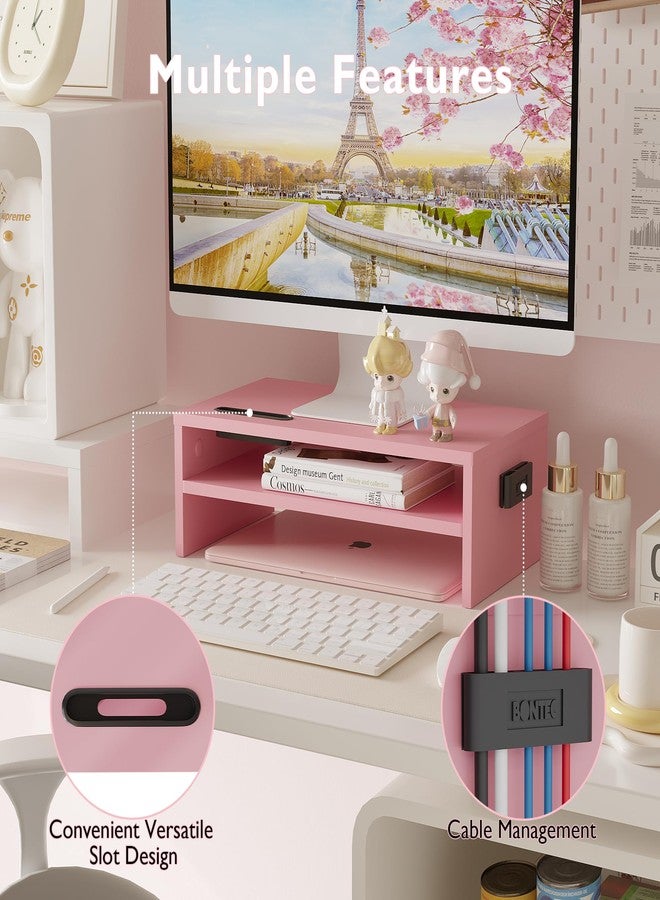 BONTEC Wooden Monitor Stand Riser, 2-Tier Desk Shelf with Storage Organizer, Ergonomic Computer Stand with Cable Management, Cellphone Holder, Pink, 16.5 Inch - Image 5