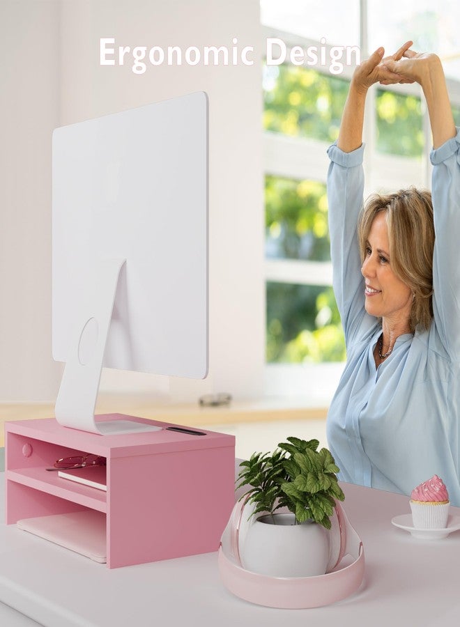 BONTEC Wooden Monitor Stand Riser, 2-Tier Desk Shelf with Storage Organizer, Ergonomic Computer Stand with Cable Management, Cellphone Holder, Pink, 16.5 Inch - Image 4