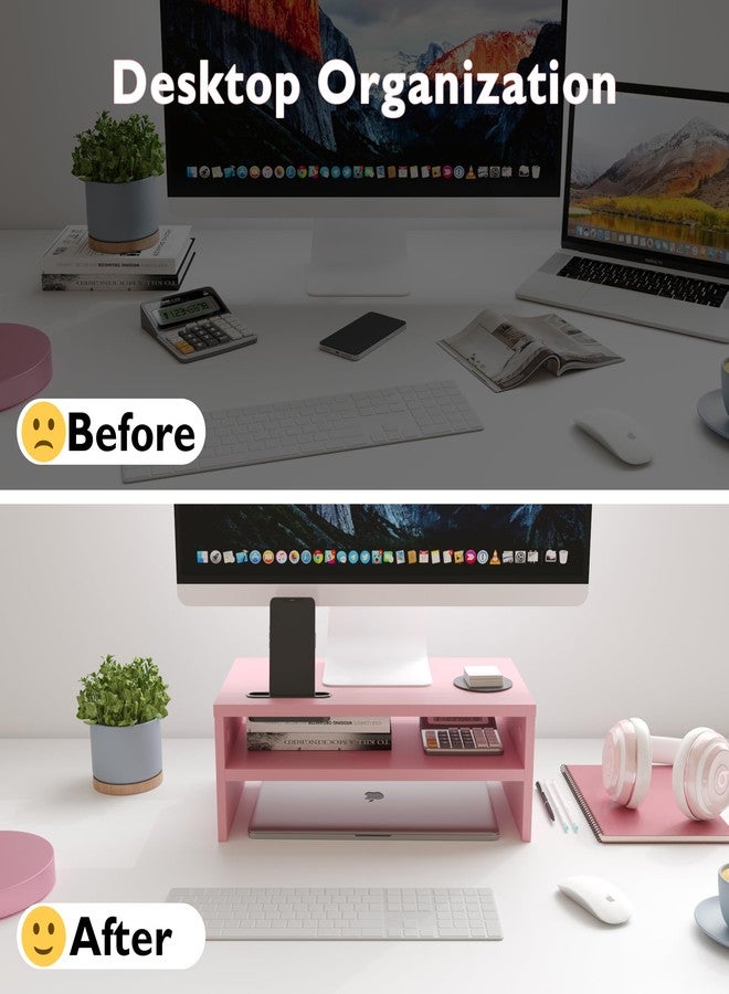 BONTEC Wooden Monitor Stand Riser, 2-Tier Desk Shelf with Storage Organizer, Ergonomic Computer Stand with Cable Management, Cellphone Holder, Pink, 16.5 Inch - Image 2