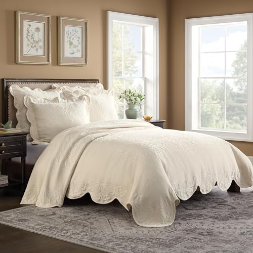 Historic Charleston Charleston Estate Modern Farmhouse Floral Matelasse Bedspread with Scalloped Edges 100 Cotton Breathable Bedding KingCal King Ivory Floral - Image 1