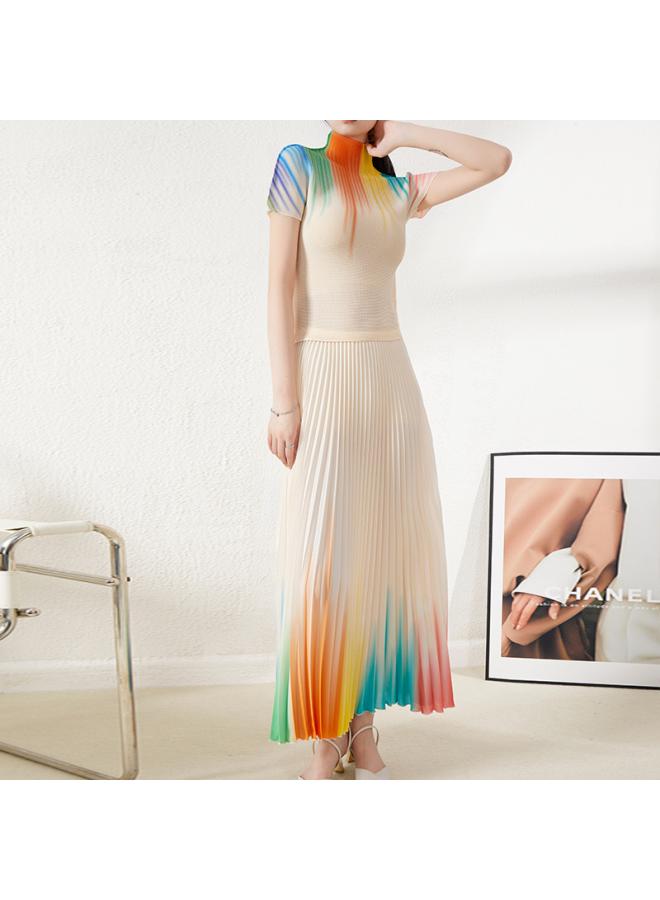 Sanzhai Women's Pleated Suit Top Women's T-shirt All-match Skirt Slimming Fashion Printed Two-piece Summer Wear