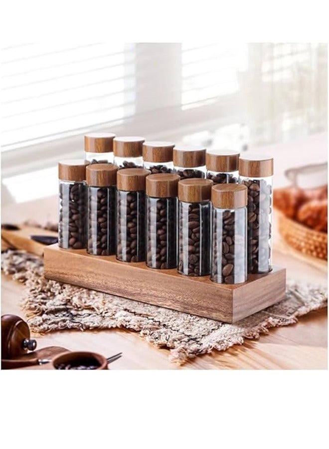 HOOPZOZA Coffee Bean Storage Tubes 12 Tubes Single Dose Sealed Coffee Bean Storage Jar with Walnut Stand Portable Coffee Bean Container Coffee Bean Glass Vials Multipurpose Sealed Jars 6 Long+6 Short  - Image 1