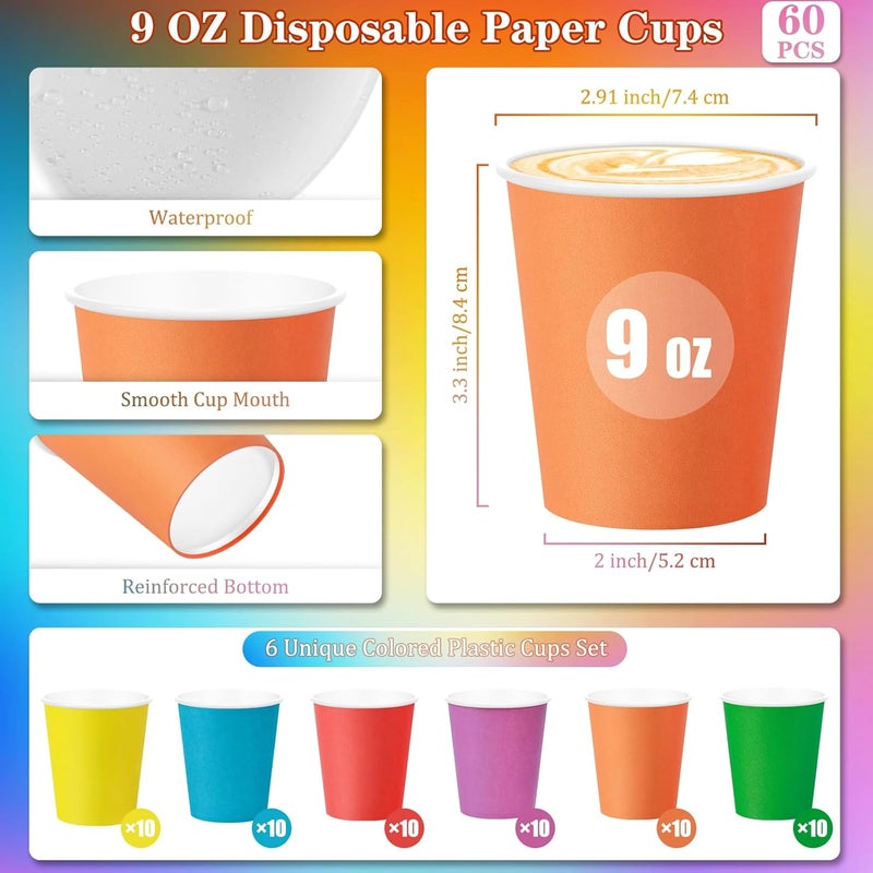 KesaPlan 60 PCS Disposable Paper Cups 9 OZ Colored Party Cups Plastic Drinking Cup Rainbow Paper Cups Bulk 6 Colors for Hot Cold Drink Coffee Tea Juice DIY Perfect for Birthday Holiday Party Supplies - Image 2