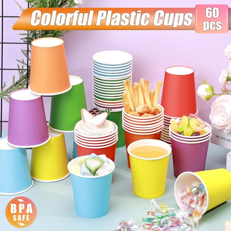 KesaPlan 60 PCS Disposable Paper Cups 9 OZ Colored Party Cups Plastic Drinking Cup Rainbow Paper Cups Bulk 6 Colors for Hot Cold Drink Coffee Tea Juice DIY Perfect for Birthday Holiday Party Supplies - Image 5