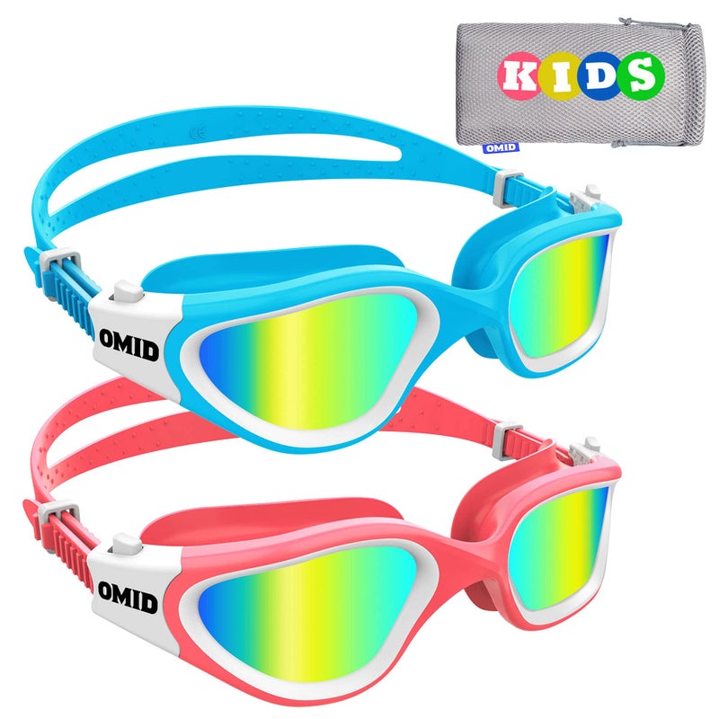 OMID Kids Swim Goggles, 2 Packs P2 Comfortable Polarized Unisex-child Swimming Goggles, Anti-Fog No Leaking Swim Goggles for Children with UV Protection Age 6-14 (Blue Gold+Pink Gold) - Image 1