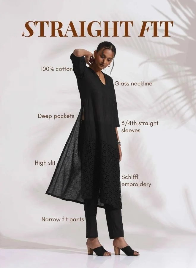 ترو برونز trueBrowns Black Cotton Schiffli Kurta Set