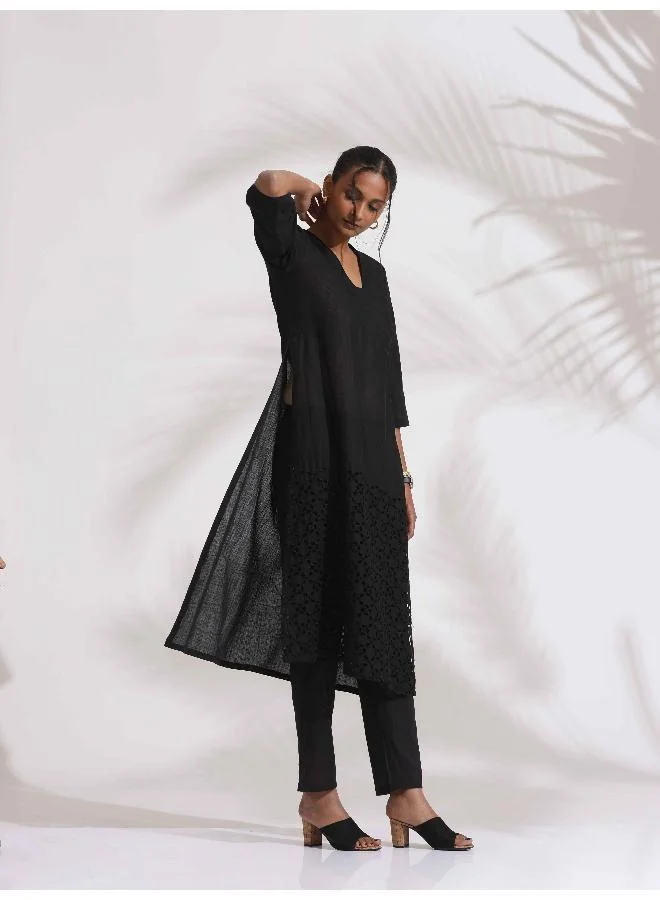 ترو برونز trueBrowns Black Cotton Schiffli Kurta Set