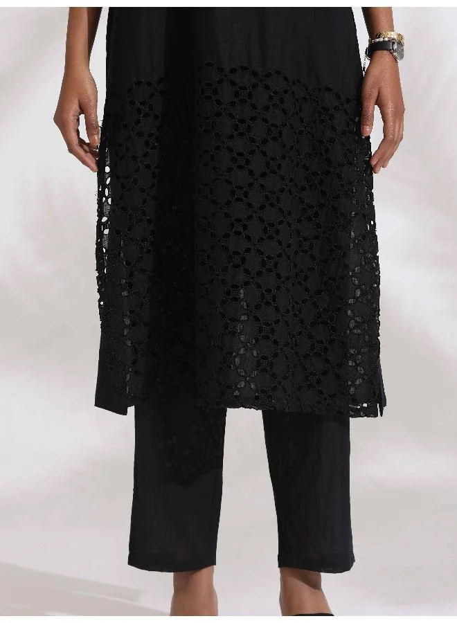 ترو برونز trueBrowns Black Cotton Schiffli Kurta Set
