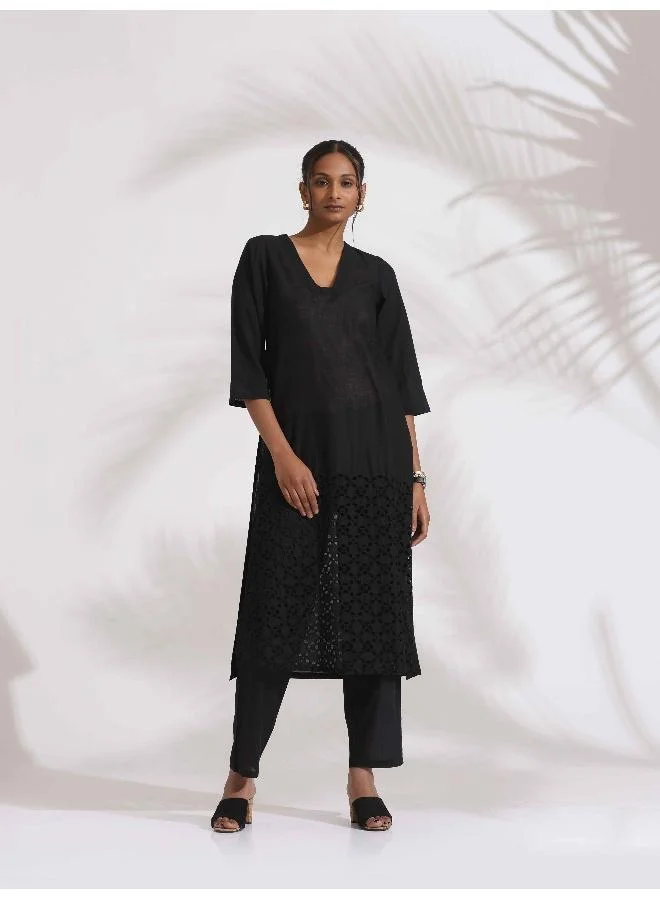 ترو برونز trueBrowns Black Cotton Schiffli Kurta Set