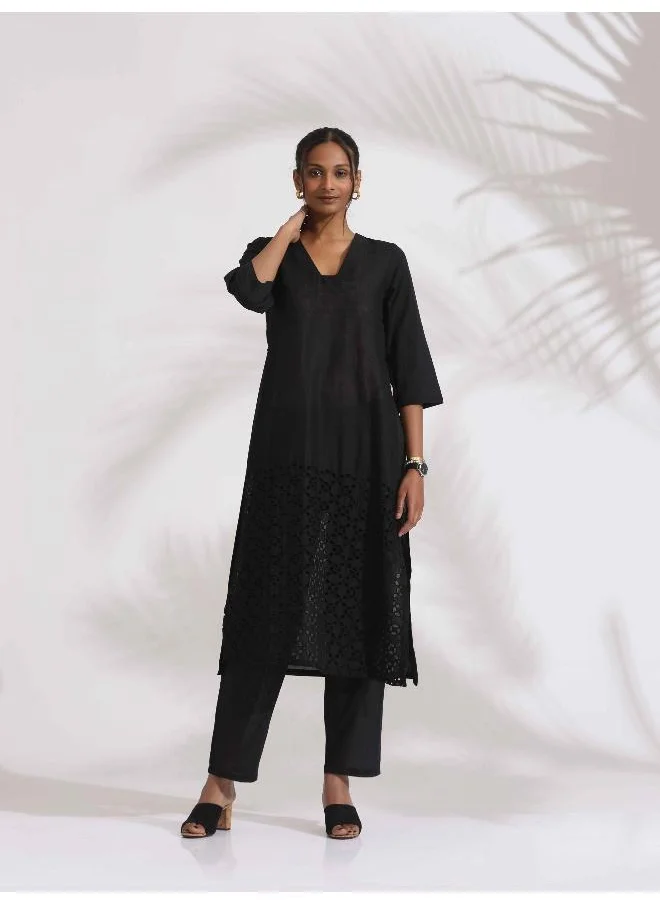 trueBrowns Black Cotton Schiffli Kurta Set