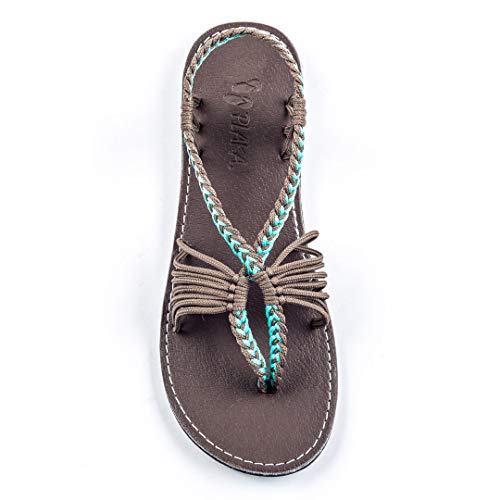 Plaka Seashell Flat Summer Sandals for Women | Perfect for the Beach, Walking & Dressy Occasions | Turquoise Gray | Size 9 - Image 1
