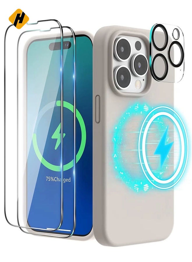 (4 in 1 iPhone 14 Pro MAX Case (6.7 inch 2022), Compatible with Mag Safe  with 2 Screen Protector + 1 Camera Protector Silicone Case for iPhone 14 Pro MAX (Stone)  - Image 1