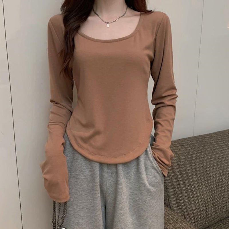 Long-Sleeved T-Shirt Women's Autumn and Winter New Trbottomy Ins Asymmetrical Slim Student Casual Short Top Girl's Bottoming Shirt - Image 4
