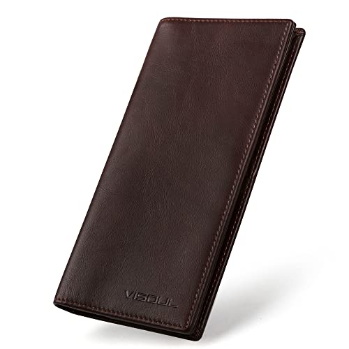 VISOUL Leather Checkbook Cover Wallet for Men with RFID Blocking, Mens Long Bifold Cash Tall Wallet with 11 Credit Card Slots 1 ID Window (Coffee) - Image 1
