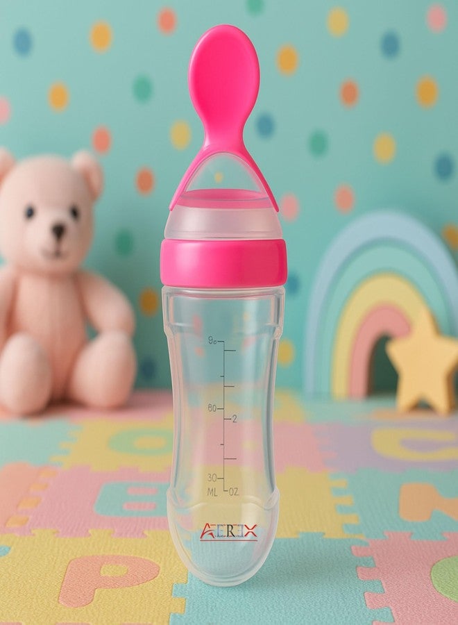 AEREX BPA Free Feeding Bottles | Newborn Baby Feeding Bottle with Spoon | Baby Squeezy Food Feeder for Baby | Feeding Spoon Bottle for Semi-Solid Food, Cereals, Fruit Food Feeder (Pink) - Image 1