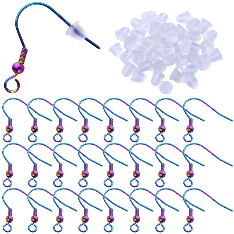 Stainless Steel Earring Hooks 50pcs Rainbow Color Fish Earrings Hooks Ear Wires Fish Hooks Hypoallergenic with 50pcs Clear Bullet Earring Backs for DIY Jewelry Earrings Making