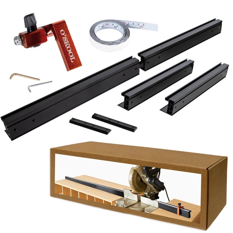 O'SKOOL Miter Saw Fence System with Adjustable Flip Stop â€“ 68" Expandable Aluminum Track with Dual-Direction Measure Tape for Radial Arm Saws, Drill Presses, and Woodworking Stations, RTS024 - Image 1