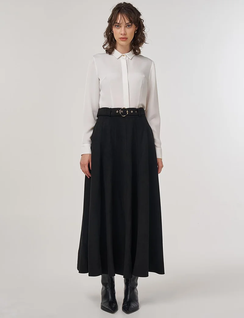 Kayra Flared Suede Skirt with Belt in Black