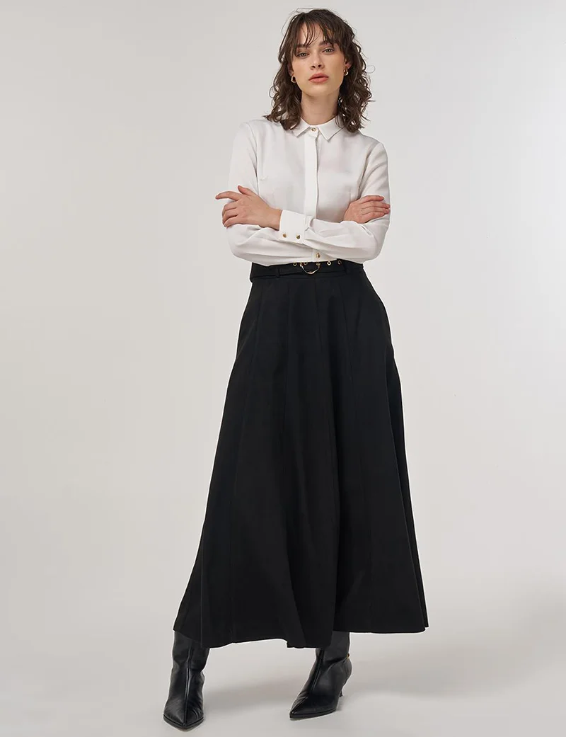 Kayra Flared Suede Skirt with Belt in Black