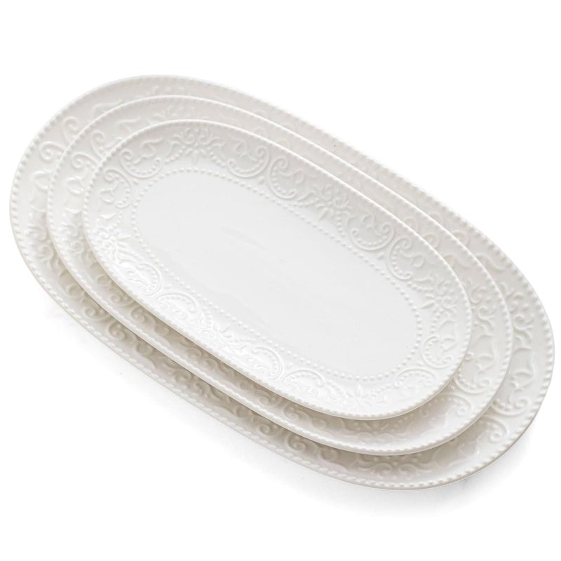 Feenmai Oval Serving Platter, 14"/12"/10" Ceramic Serving Platters, Embossed White Serving Plates, Stackable Porcelain Tray for Appetizer, Dessert, Pasta, Sushi, Oven Dishwasher Safe, Set of 3, Family Dining - Image 1