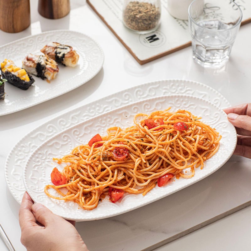 Feenmai Oval Serving Platter, 14"/12"/10" Ceramic Serving Platters, Embossed White Serving Plates, Stackable Porcelain Tray for Appetizer, Dessert, Pasta, Sushi, Oven Dishwasher Safe, Set of 3, Family Dining - Image 5