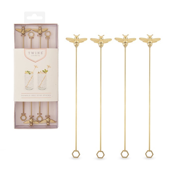 BEE STIR STICKS GOLD BUMBLE BEE SWIZZLE STICKS STAINLESS STEEL DRINK STIRRERS GOLD PLATED COCKTAIL ACCESSORIES HIGHLY DETAILED SET OF 4
