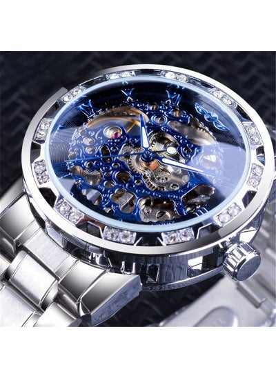 Generic Winner Mens Fashion Casual Skeleton Mechanical Watch Blue Silver Belt 