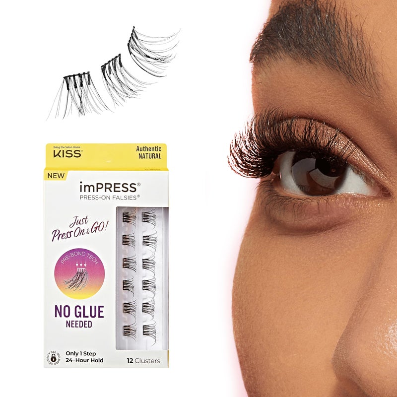 Impress KISS imPRESS Falsies Press On Self Adhesive Eyelashes, 12mm-14mm Natural Volume Press On Lashes, Black, No Glue Needed, Invisible Band, 12 Lash Clusters - Authentic - Image 1