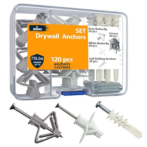 ALBO Drywall Anchor Kit with Screws - 120 Pcs Hollow Wall Set (Grey Butterfly, White Butterfly, Self Drilling, Screws) - Plastic Anchors for Drilling Hollow Walls - Image 1