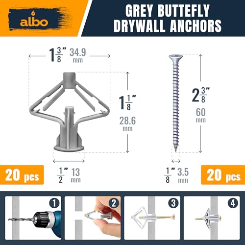 ALBO Drywall Anchor Kit with Screws - 120 Pcs Hollow Wall Set (Grey Butterfly, White Butterfly, Self Drilling, Screws) - Plastic Anchors for Drilling Hollow Walls - Image 3