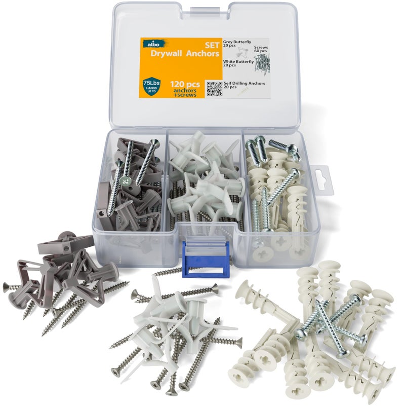 ALBO Drywall Anchor Kit with Screws - 120 Pcs Hollow Wall Set (Grey Butterfly, White Butterfly, Self Drilling, Screws) - Plastic Anchors for Drilling Hollow Walls - Image 2