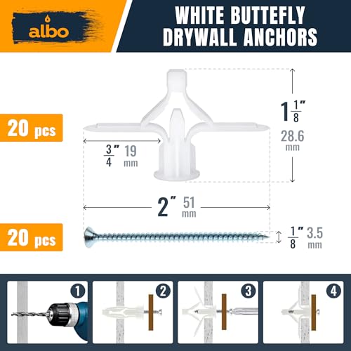 ALBO Drywall Anchor Kit with Screws - 120 Pcs Hollow Wall Set (Grey Butterfly, White Butterfly, Self Drilling, Screws) - Plastic Anchors for Drilling Hollow Walls - Image 5