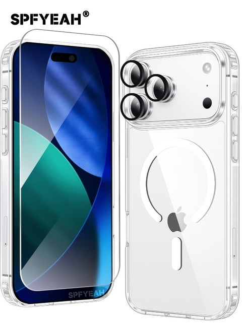 [3-in-1] iPhone 17 Pro Max Case with HD Tempered Glass Screen Protector & Camera Lens Protector, MagSafe-Compatible Rugged Shockproof Cover, Anti-Yellowing Clear Bumper Case, Anti-Scratch & Anti-Fingerprint Design (Clear Magnetic)