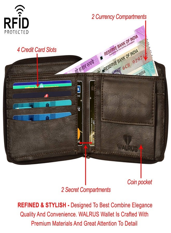 Walrus Zipper-V Brown Vegan Leather Wallet with Coin Pocket | 4 Card Pockets, 2 Main Compartments, 2 Side Pockets | Stylish & Durable for Men - Image 3