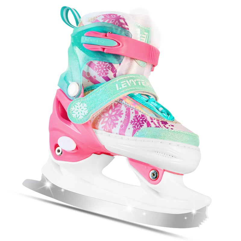 LEVYTEMP Adjustable Ice Skates for Kids Boys Girls - Warm Fleece Lined, 4 Size Adjustable Beginner Snowflake Blades Ankle Support Figure Skates for Outdoor and Rink,Green - Image 1