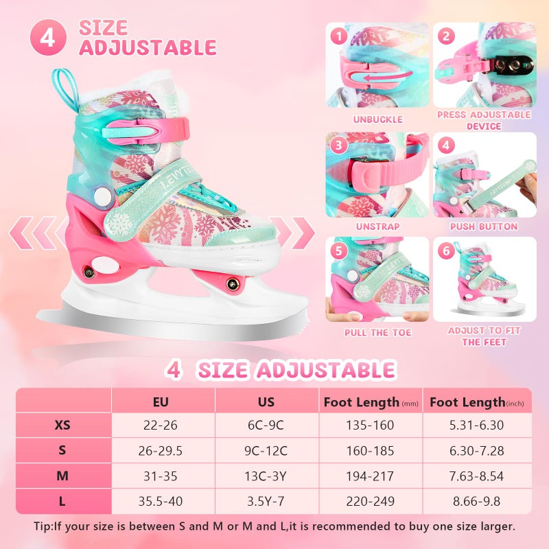 LEVYTEMP Adjustable Ice Skates for Kids Boys Girls - Warm Fleece Lined, 4 Size Adjustable Beginner Snowflake Blades Ankle Support Figure Skates for Outdoor and Rink,Green - Image 2