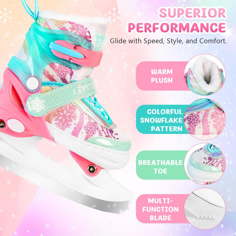 LEVYTEMP Adjustable Ice Skates for Kids Boys Girls - Warm Fleece Lined, 4 Size Adjustable Beginner Snowflake Blades Ankle Support Figure Skates for Outdoor and Rink,Green - Image 5