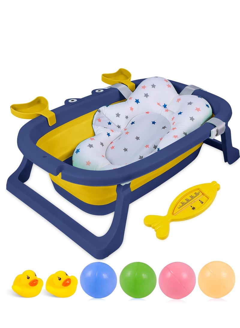 MIXDE 9 Pieces Cute Crab Design Baby Bath Tub Foldable Bathtub + Bathmat Cushion + Temperature Measurement Card, 1 + Duckling Toys, 2 + Ocean Balls, 4  - Image 1