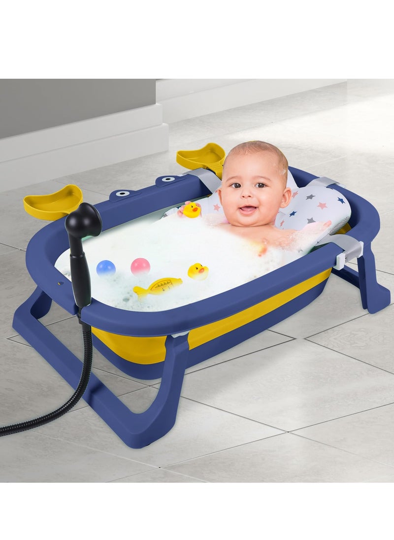MIXDE 9 Pieces Cute Crab Design Baby Bath Tub Foldable Bathtub + Bathmat Cushion + Temperature Measurement Card, 1 + Duckling Toys, 2 + Ocean Balls, 4  - Image 4