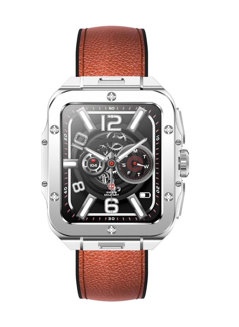 SWISS MILITARY Alps 2 Smartwatch with Call Features, Music Playback, 1000 Songs Storage, IP67, Fitness & Health, Magnetic Charging, 7-12 Days Battery Life, iOS/Android Compatible - Silver Brown  - Image 1