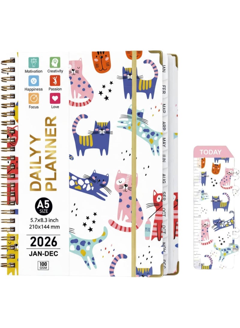 2026 Planner Weekly and Monthly, January to December, 5.7'' x 8.3'' With Elastic Closure, Inner Pocket, Calendar,Teacher Student Planning Agenda book with Tabs, A5 (Cute kittens) - Image 1